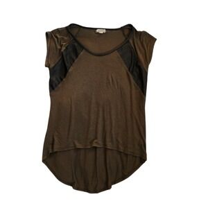 Eyeshadow Olive‎ Green Black Faux Leather Accent High-Low Hem Short Sleeve Top S